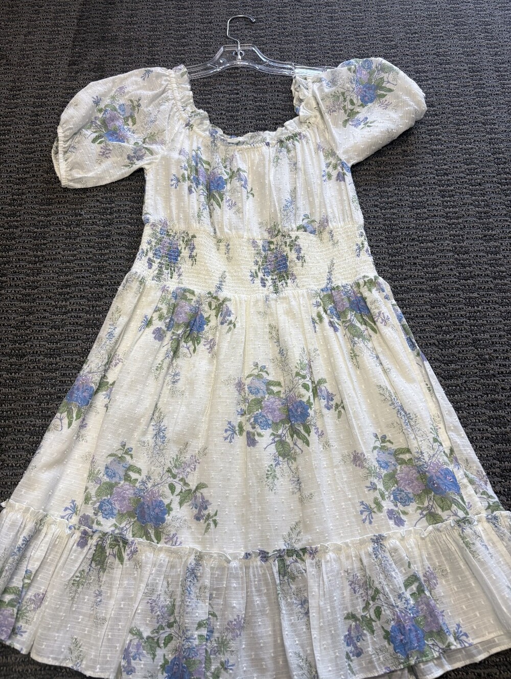 LoveShackFancy Cream Floral Puff-Sleeve Midi Dress with Lavender & Blue Blooms